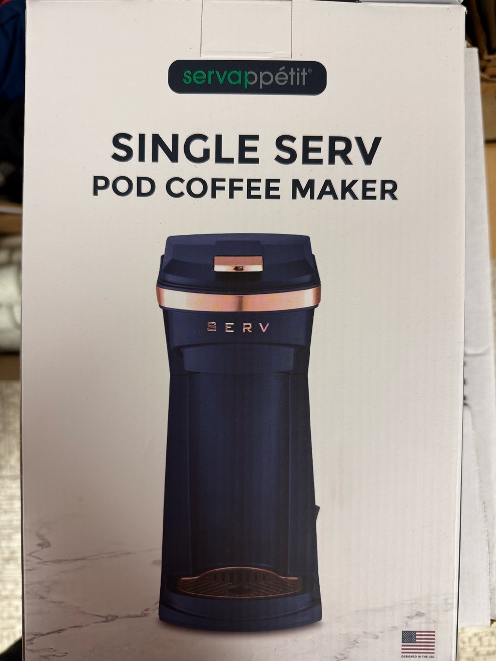 servappétit Single Serv Navy Blue Pod Coffee Maker with Rose Gold Accents